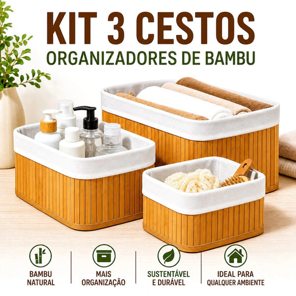 Kit 3 cestos organizadores de bambu com forro branco no banheiro
