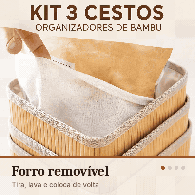 Animação: forro removível, cestos que se encaixam, três tamanhos e bambu natural