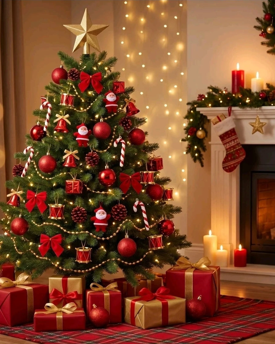 Sala com árvore de Natal decorada com os enfeites vermelhos e dourados ao lado da lareira