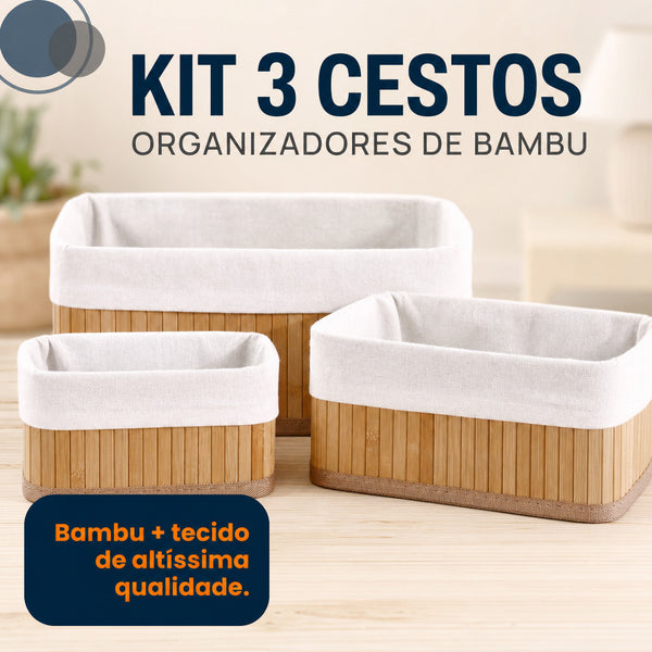 Três cestos de bambu P, M e G com forro de tecido
