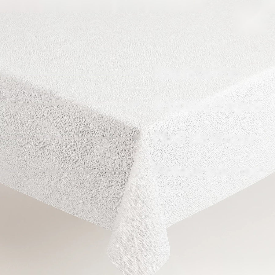 Toalha de mesa rendada PVC branca protegendo a mesa