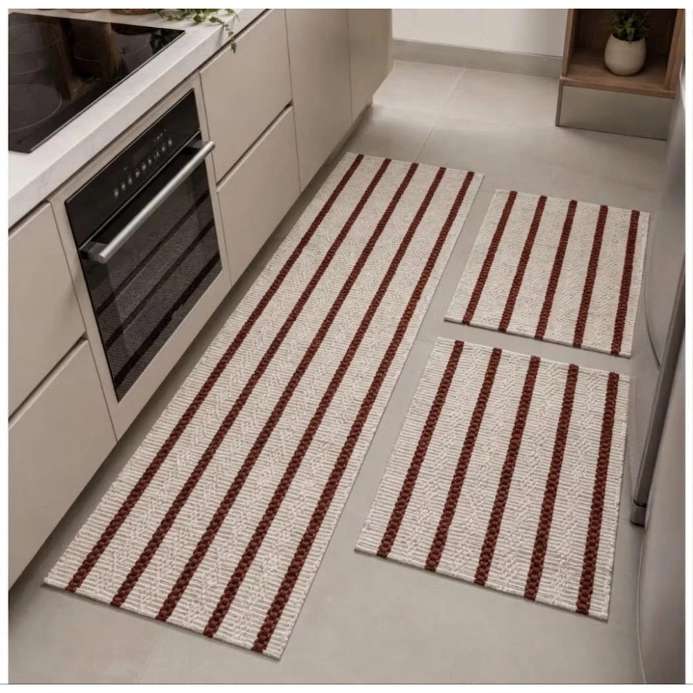 Kit tapete de algodão com listras terracota em cozinha moderna