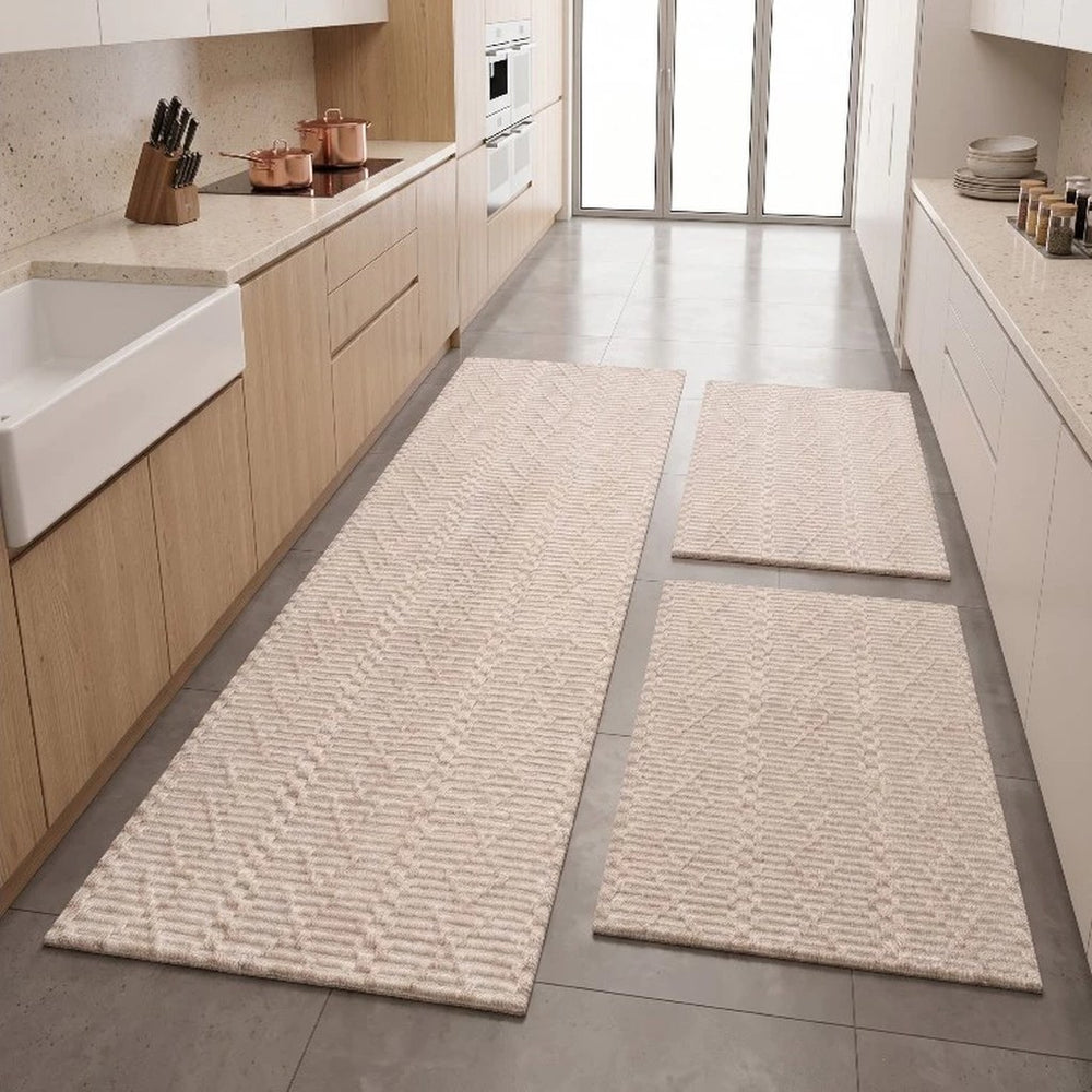 Kit tapete de algodão cru com desenho em relevo na cozinha