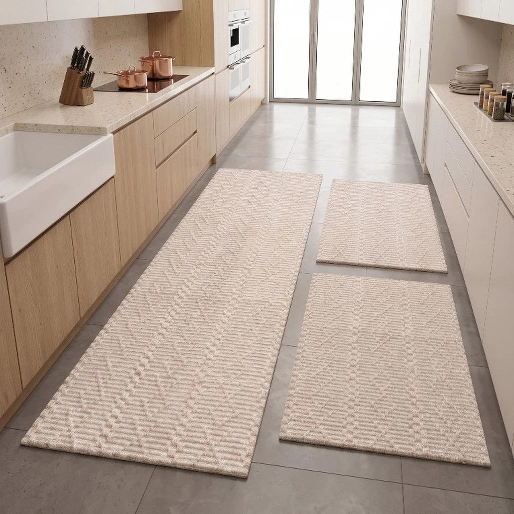 Kit tapete de algodão cru com desenho em relevo na cozinha