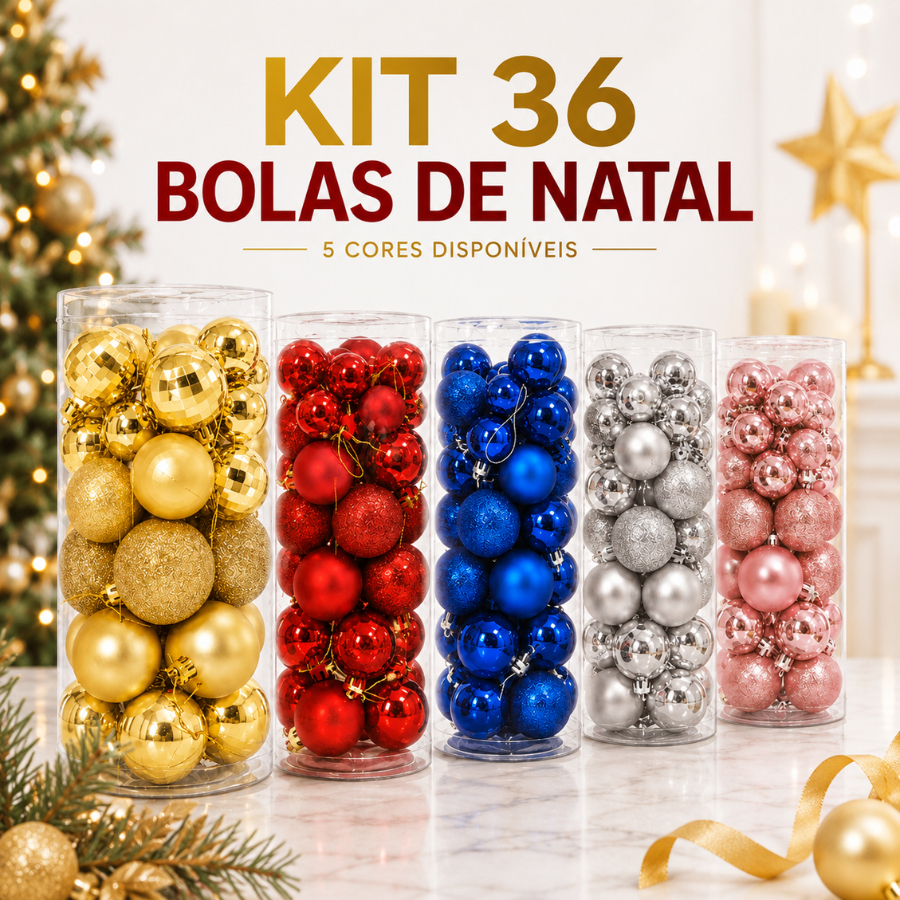 Kit 36 bolas de Natal em tubos nas cores dourada, vermelho, azul, prata e rosa