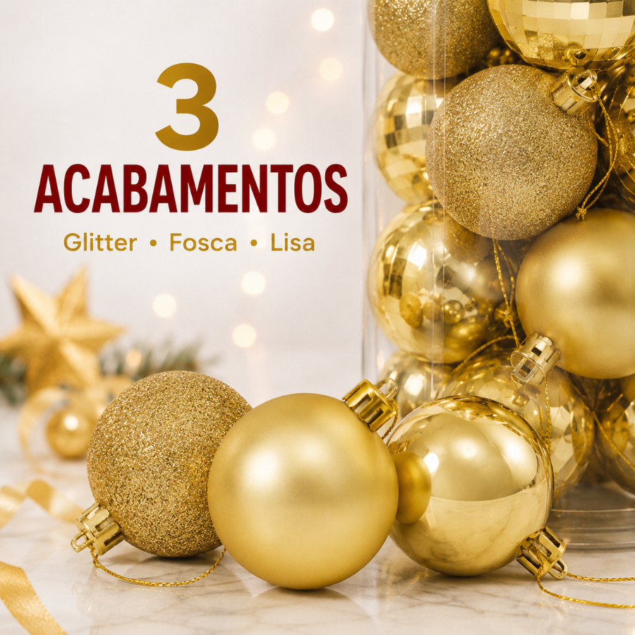 Bolas douradas nos acabamentos glitter, fosco e liso