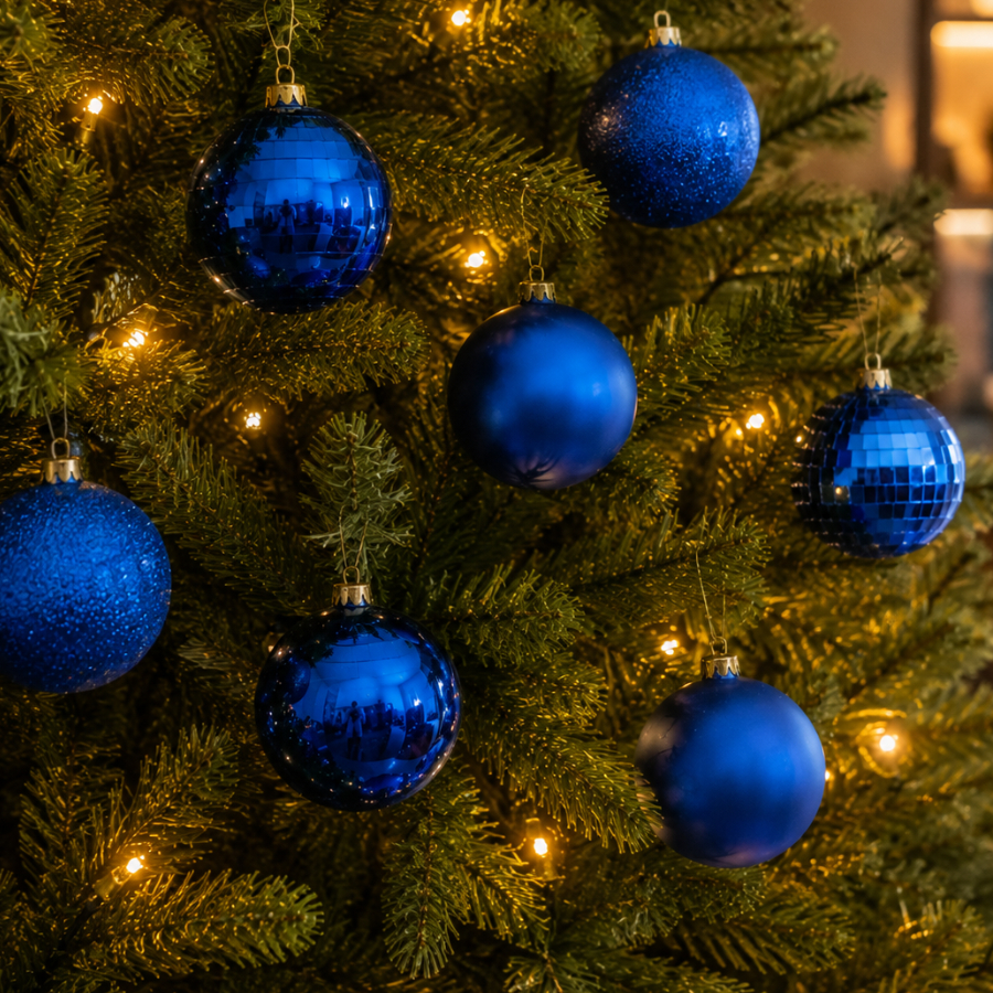 Bolas de Natal azuis glitter, foscas e espelhadas na árvore iluminada