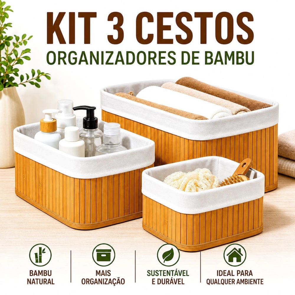 Kit 3 cestos organizadores de bambu com forro branco no banheiro