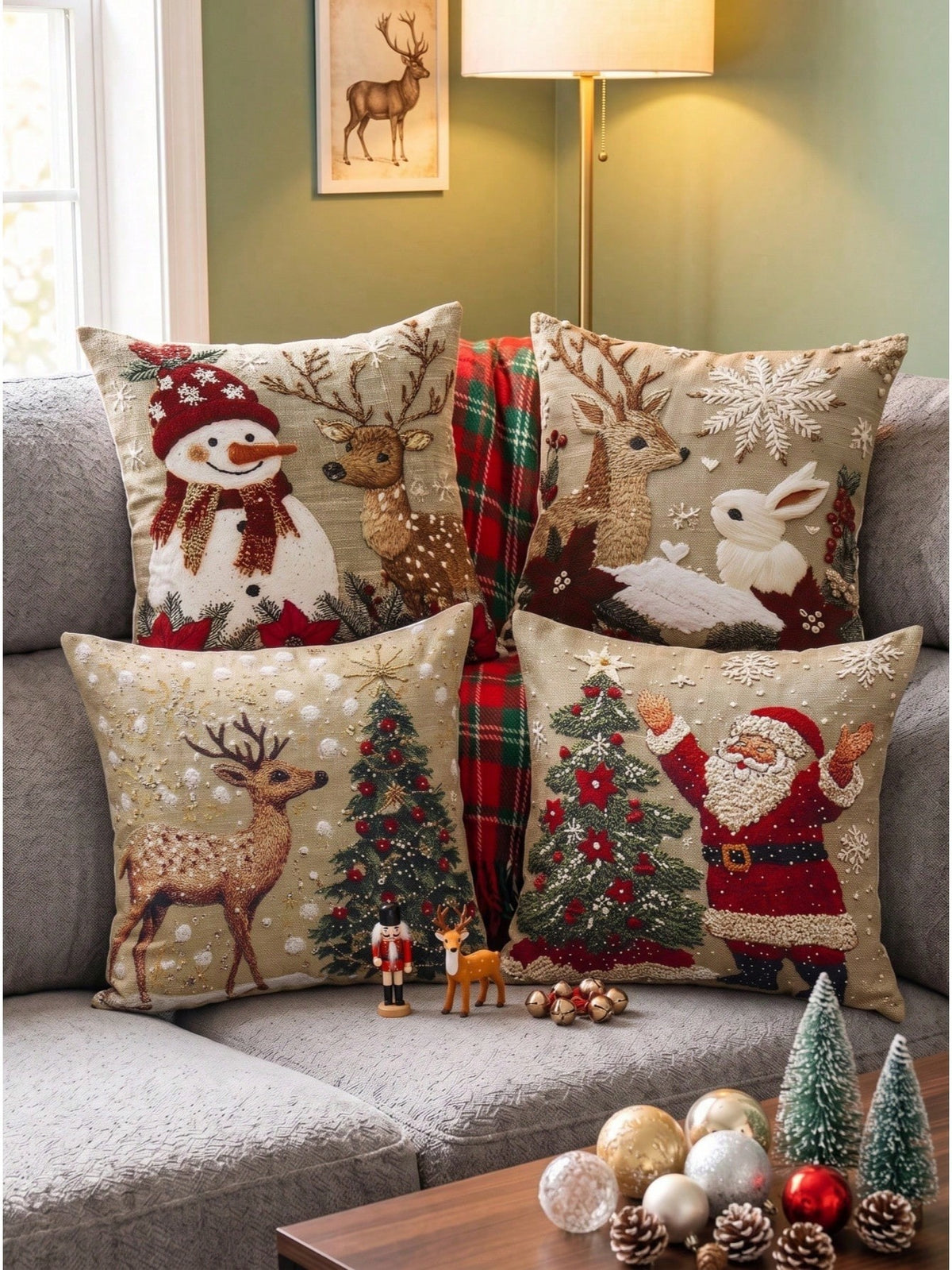 Kit 4 capas de almofada de Natal com fundo cáqui em sofá cinza