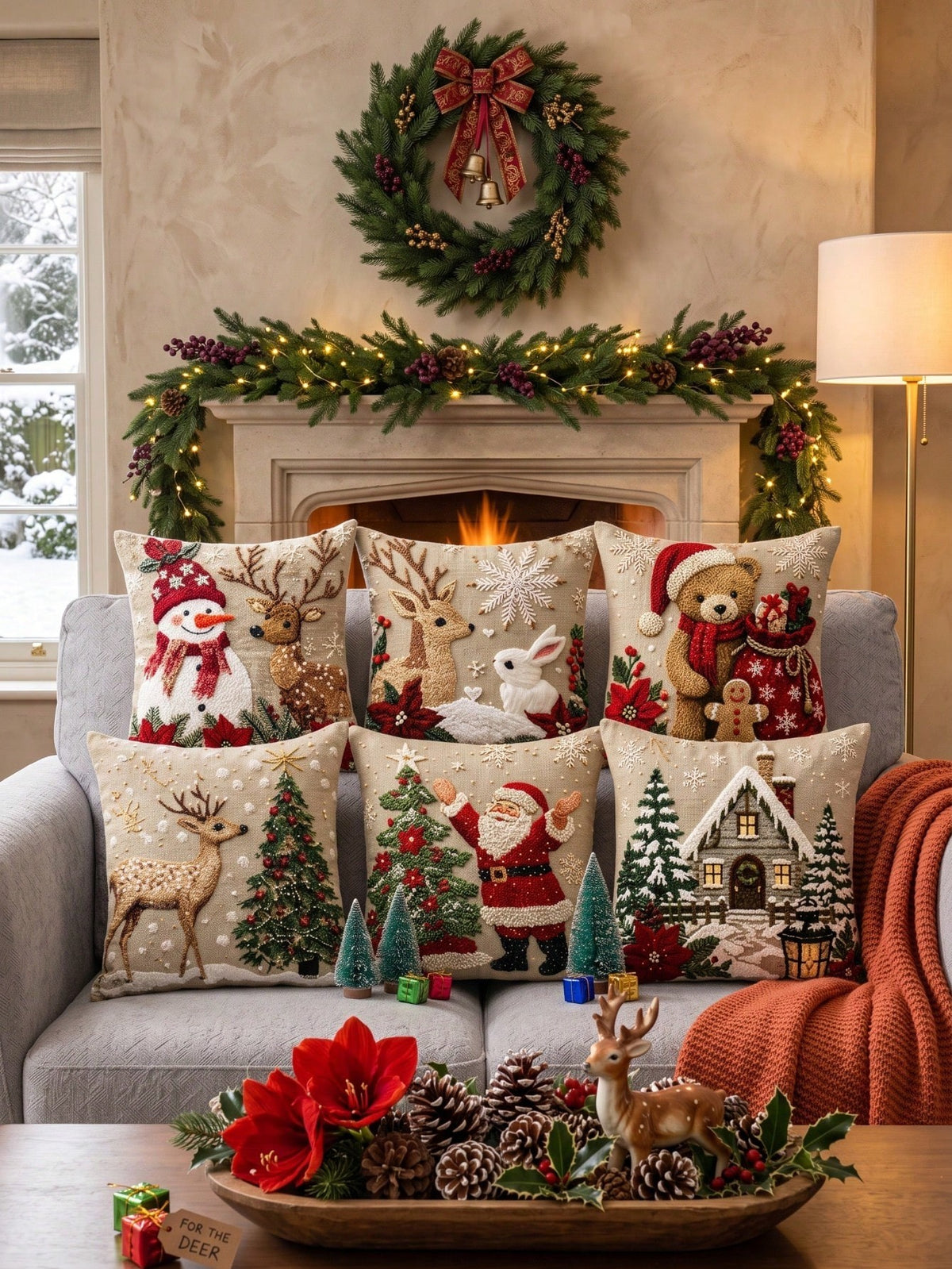 Kit 6 capas de almofada de Natal em sala com lareira