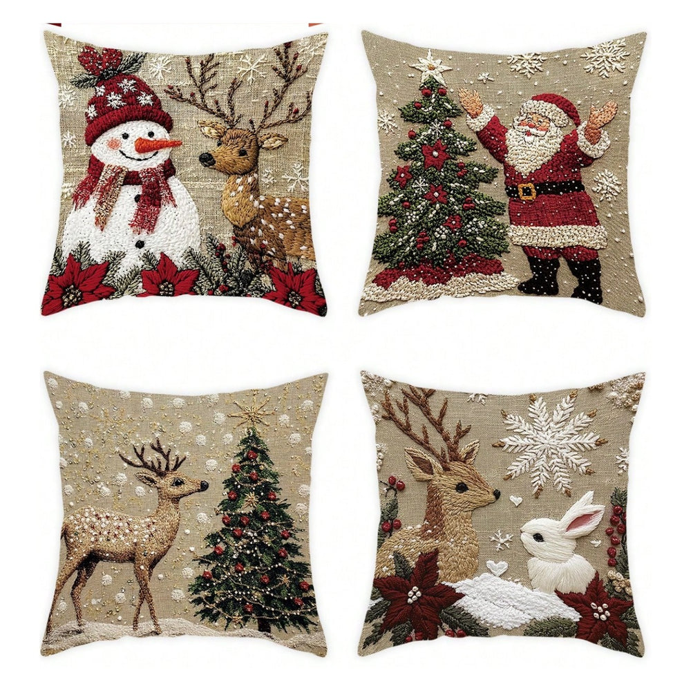 As 4 estampas do kit: boneco de neve, Papai Noel, rena com pinheiro e rena com coelho
