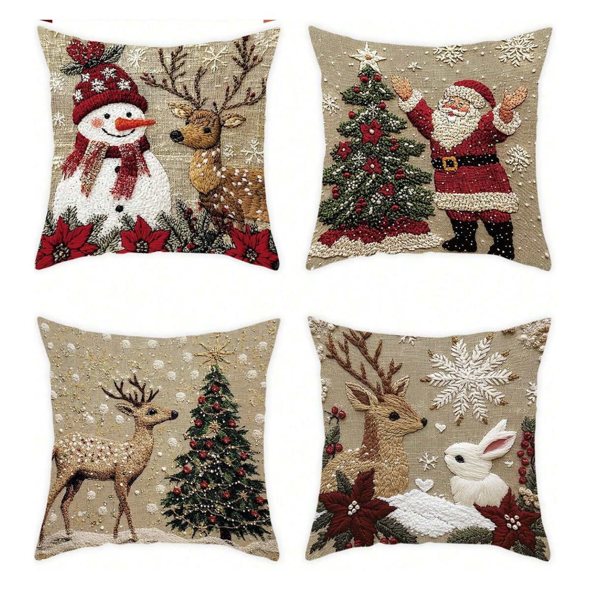 As 4 estampas do kit: boneco de neve, Papai Noel, rena com pinheiro e rena com coelho