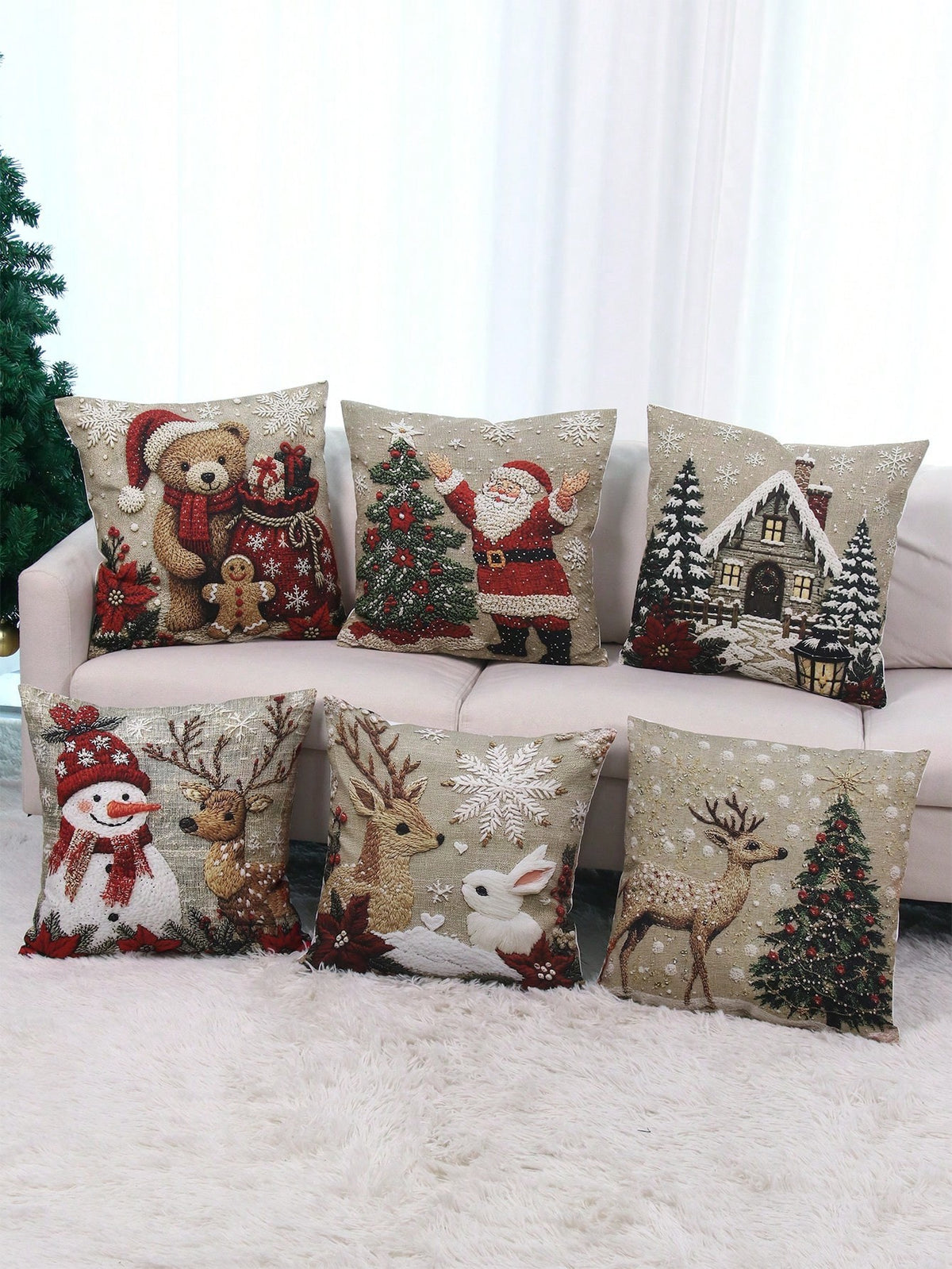 Kit 6 capas de almofada de Natal com ursinho e casinha no sofá branco