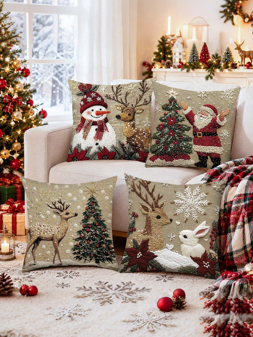 Capas de almofada natalinas em sala com árvore de Natal