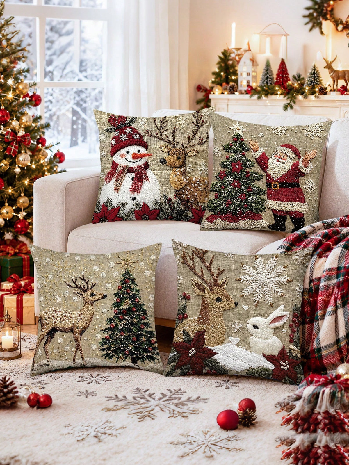 Capas de almofada natalinas em sala com árvore de Natal