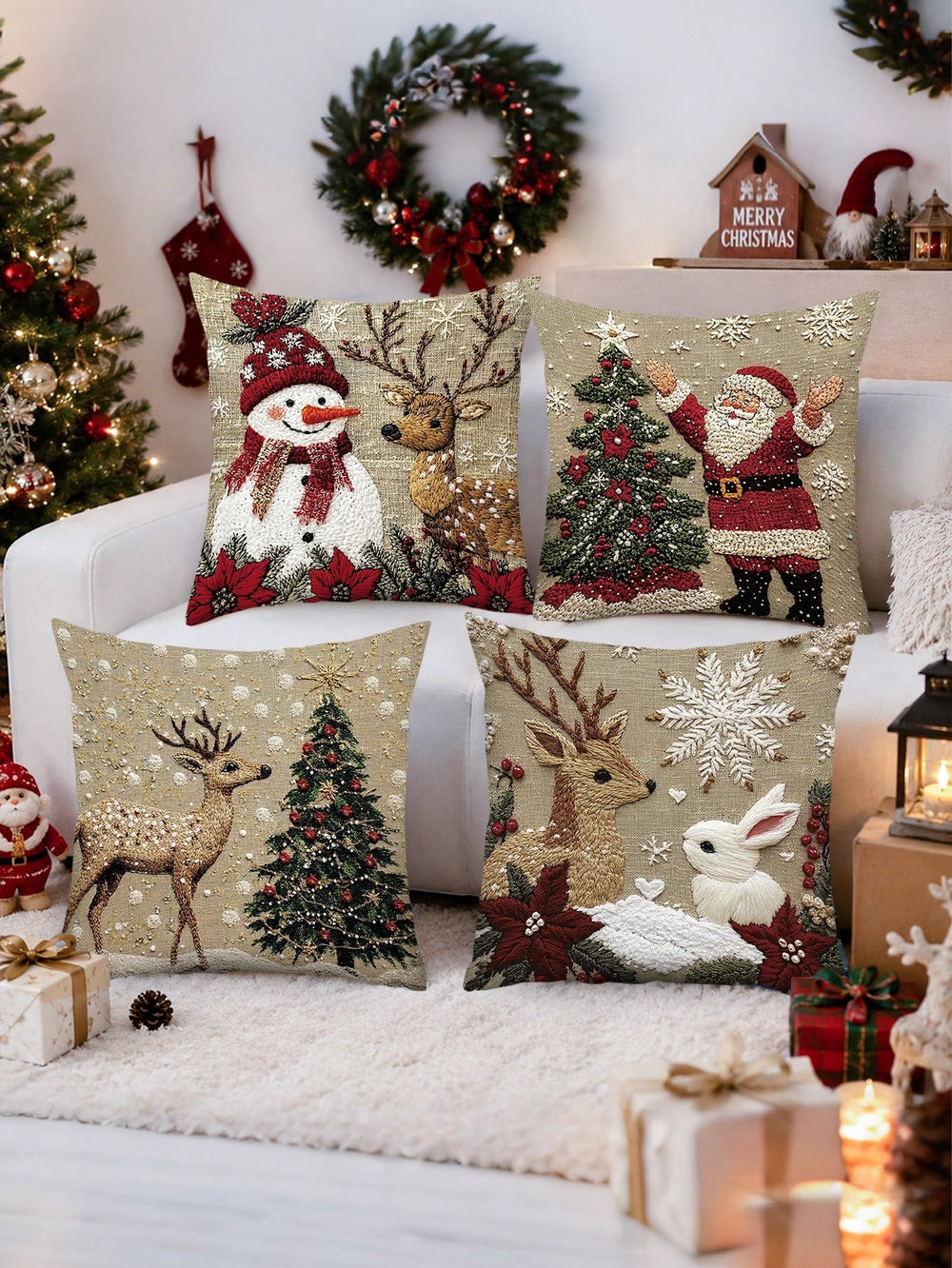 Capas de almofada de Natal com boneco de neve, Papai Noel e renas no sofá branco