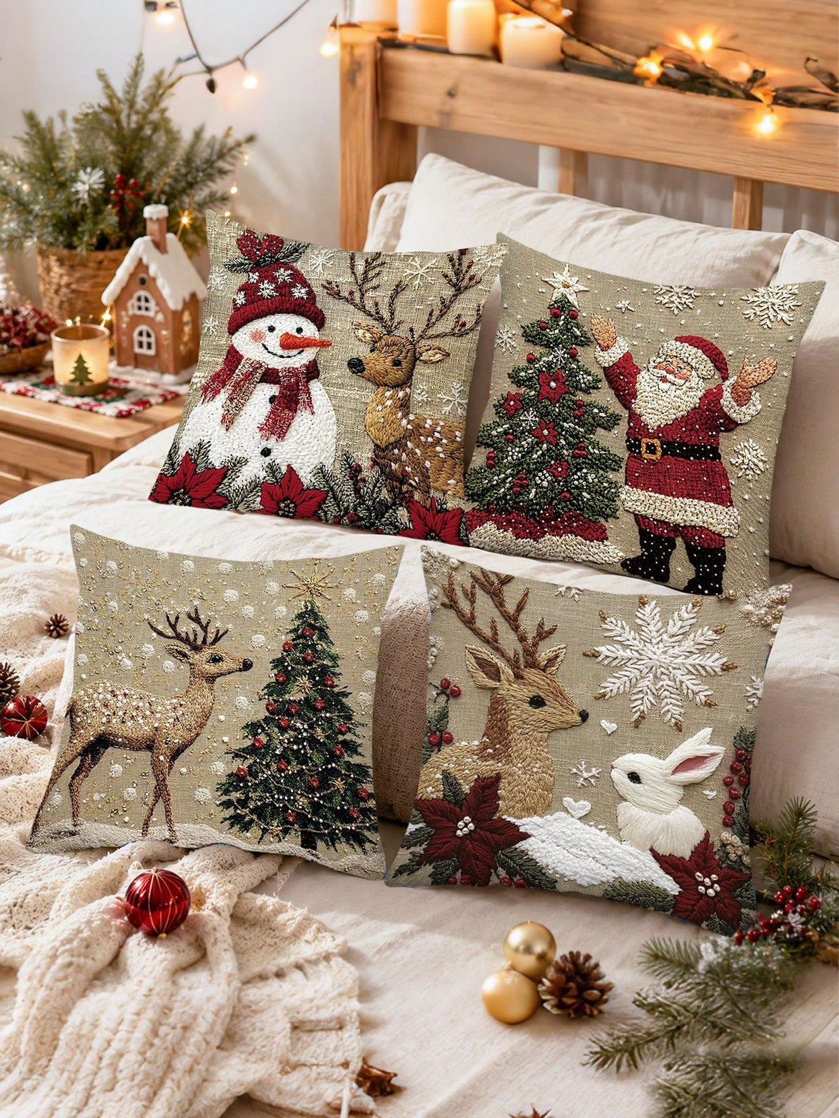 Capas de almofada de Natal na cama com manta de tricô