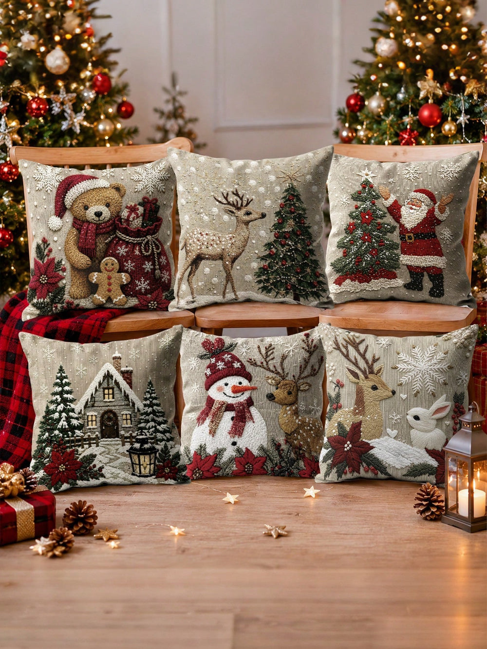 Kit 6 capas de almofada de Natal em banco de madeira