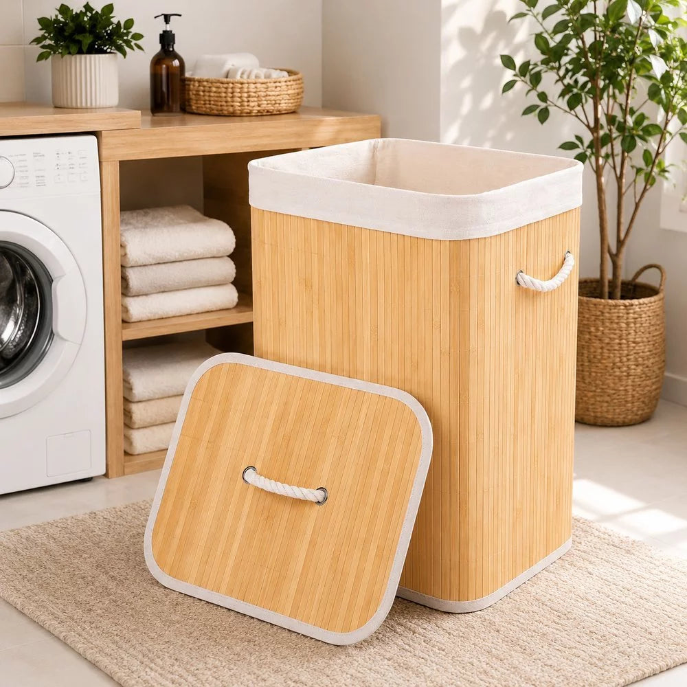 Cesto de bambu 70L em uso na lavanderia