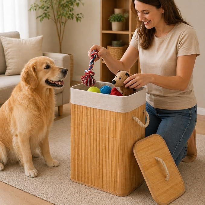Cesto de bambu 70L com tampa e alças