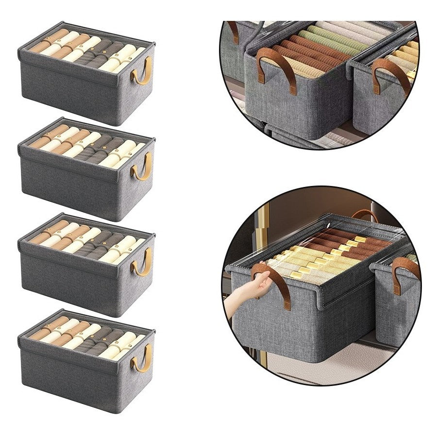 Kit com 4 caixas organizadoras cinza com tampa, visor e alças