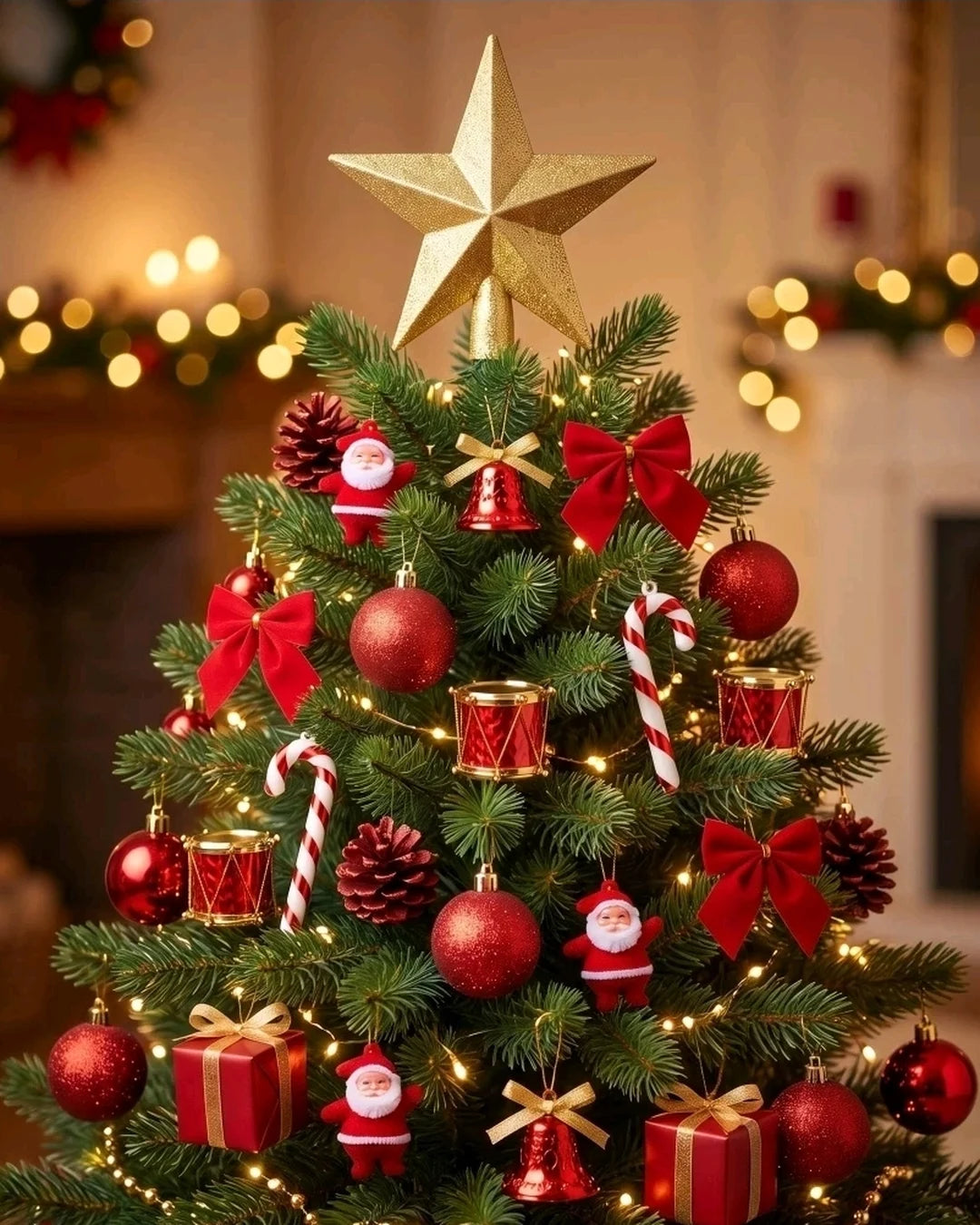 Árvore de Natal decorada com o kit 43 enfeites vermelho e dourado e estrela no topo