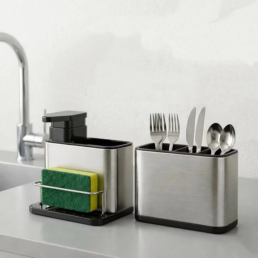 Dispenser de detergente com porta-esponja e porta-talheres em aço inox
