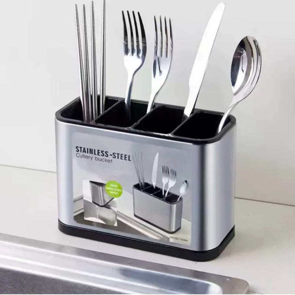 Porta-talheres inox com 4 divisórias com garfos, facas, colher e hashis