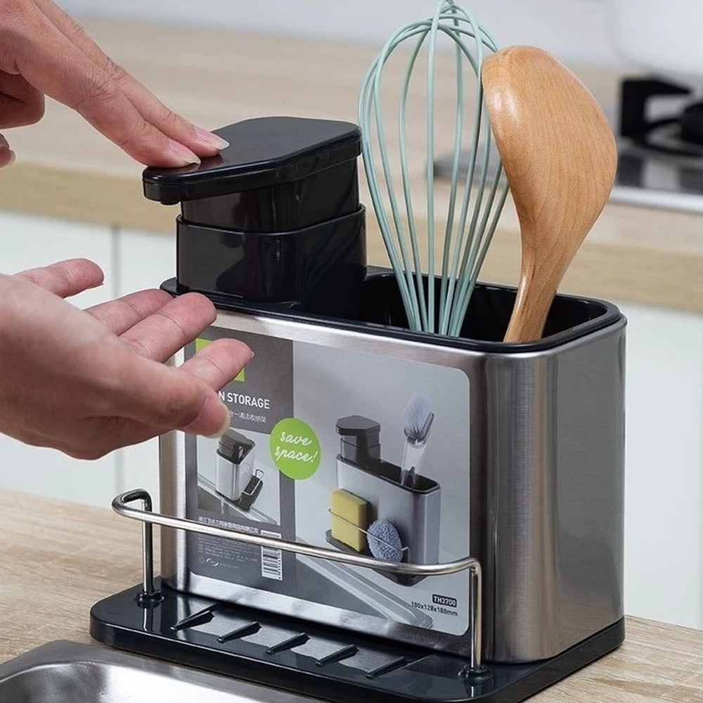 Dispenser de detergente inox com fouet e colher de pau no compartimento