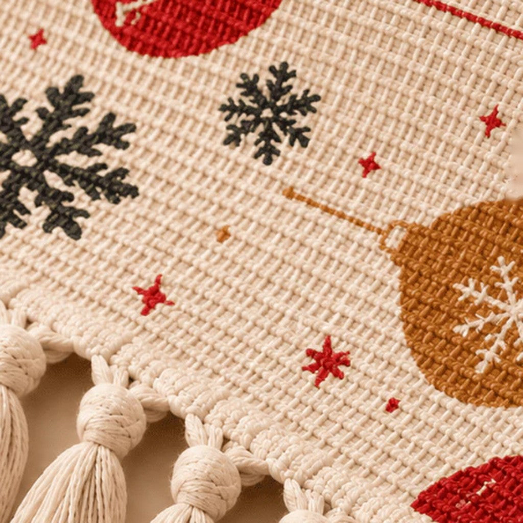 Detalhe da trama de algodão, estampa de Natal e franjas da passadeira