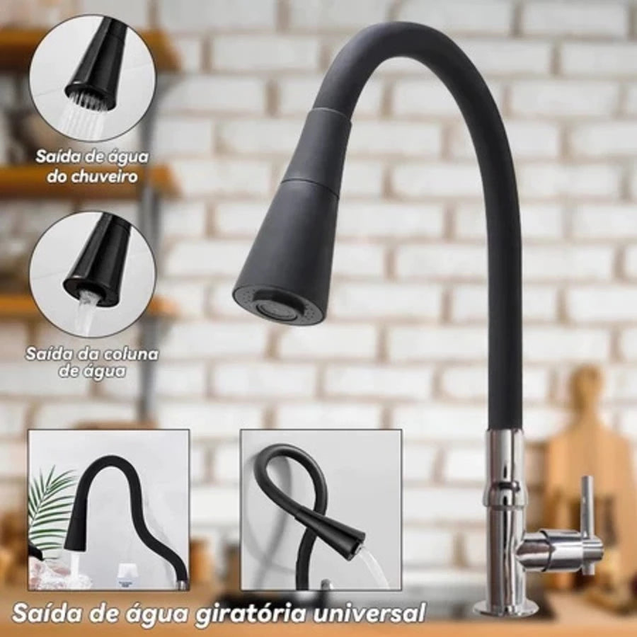 Torneira gourmet preta de mesa com saída chuveiro e coluna de água
